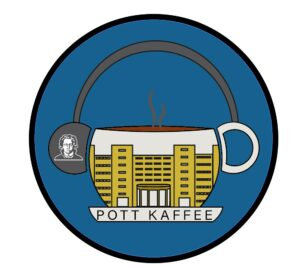 Logo Pott Kaffee sichtbar ist das IG-Fabengebäude auf einer Tasse mit Dampf und um die Tasse sind Kopfhörer